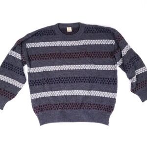 Vintage CV Vieira Knit Sweater Men M Gray Blue Maroon Striped Geometric Crewneck